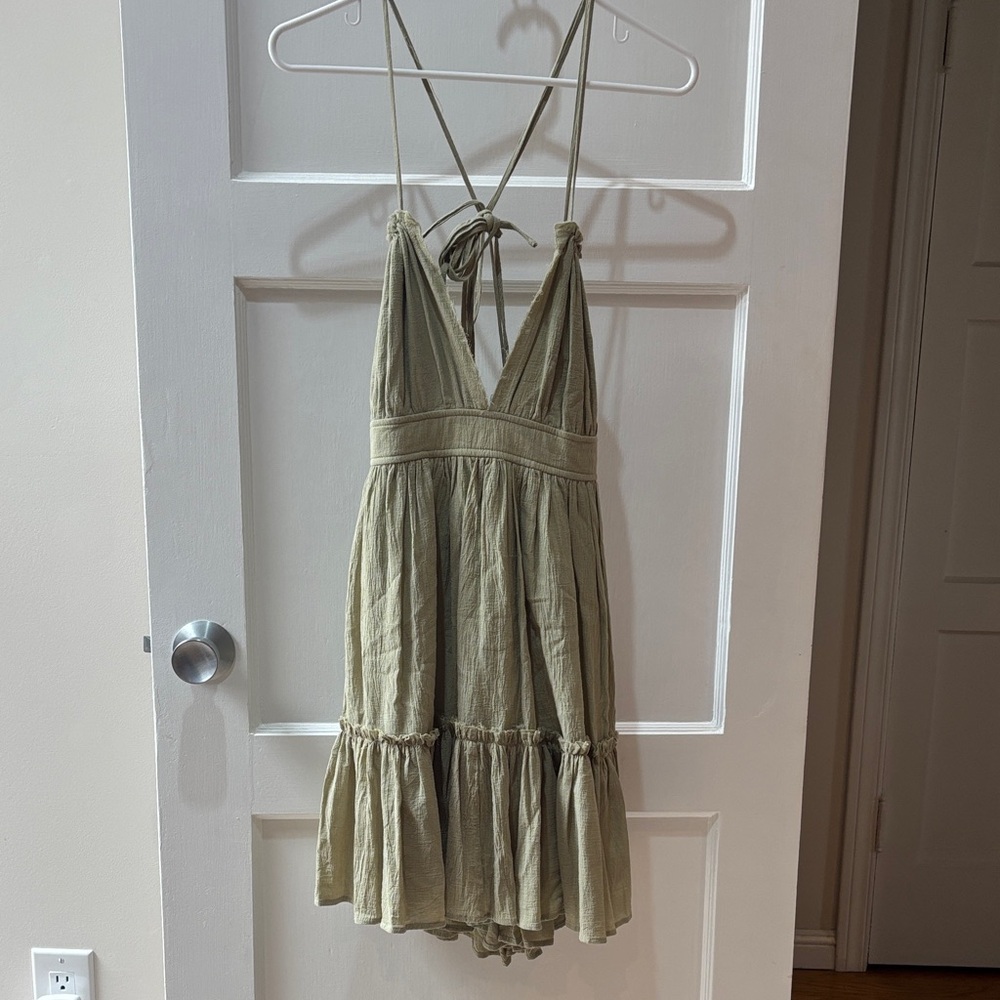 Le Lis Sage Green Tiered Mini Dress with Crisscross Straps
